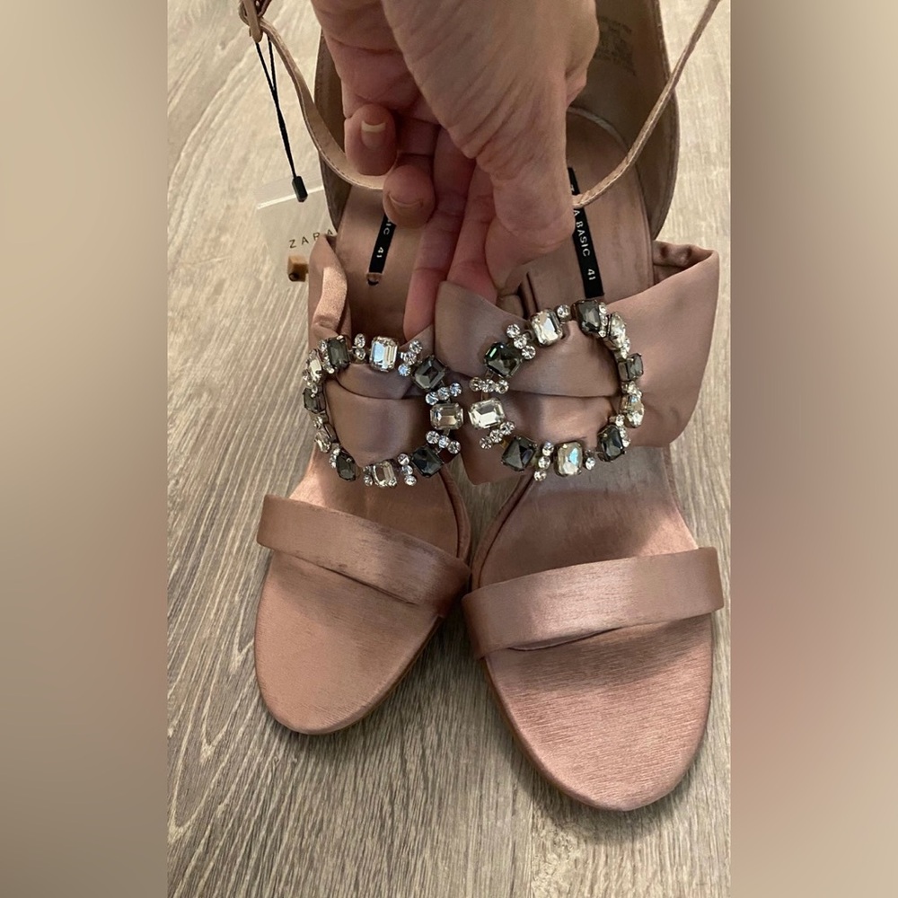 Zara Chunky Crystal Embellished Satin Heels Sandals Size 41 - Picture 6 of 14